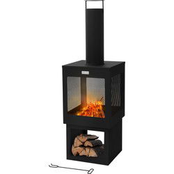 Tuinhaard met schoorsteen 128x40 cm vierkant zwart stalen terrasverwarmer met pook verwijderbaar dak ML design