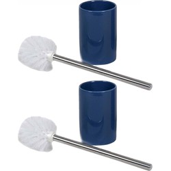 2x stuks wc/toiletborstels inclusief houders blauw/zilver 37 cm van RVS/keramiek - Toiletborstels