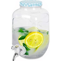 Excellent Houseware Drankdispenser/limonadetap - met tapje - glas - 4 liter - blauw/wit geblokte dop - 15 x 26 cm - Drankdispensers