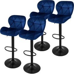 Set van 2 barkrukken 2x blauw fluwelen bekleding met rugleuning en voetensteun in hoogte verstelbaar 59-79cm ML-Design