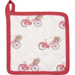 Clayre & Eef Pannenlap Kind  16x16 cm Rood Wit Katoen Vierkant Fiets Moeder dochter