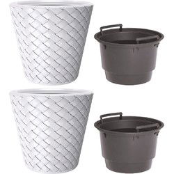 2x Bloempotten/plantenpotten kunststof wit 19 liter met binnenpot 11 liter - Plantenpotten