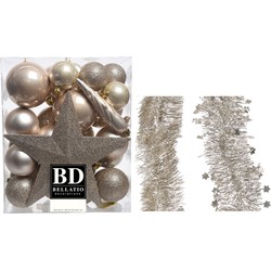 Kerstversiering kerstballen 5-6-8 cm met ster piek en folieslingers pakket champagne van 35x stuks - Kerstbal