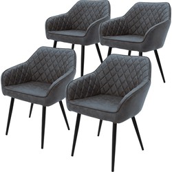 Eetkamerstoel set van 4 diamond quilting met rugleuning en armleuningen antraciet Keukenstoel met kunstlederen bekleding ML design