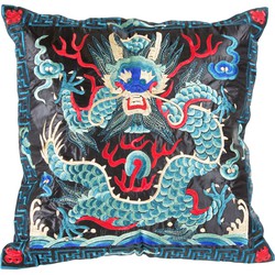 Fine Asianliving Chinese Kussen Volledig Geborduurd Blauw Zwart Draak