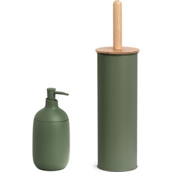 Zeller WC-borstel in houder met zeeppompje - salie groen - metaal - Badkameraccessoireset