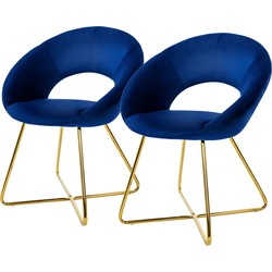 Eetkamerstoel set van 2 met ronde open rugleuning blauw fluweel met gouden metalen poten ML design