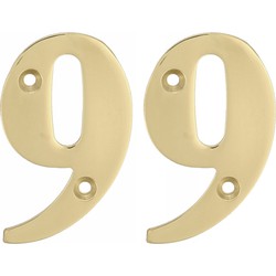 AMIG Huisnummer 99 - massief messing - 10cm - incl. bijpassende schroeven - gepolijst - goudkleur - Huisnummers