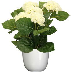 Hortensia kunstplant/kunstbloemen 36 cm - wit - in pot wit glans - Kunstplanten