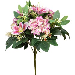 Louis Maes Kunstbloemen boeket roos/hortensia/lelie - roze/wit - H39 cm - Bloemstuk - Bladgroen - Kunstbloemen