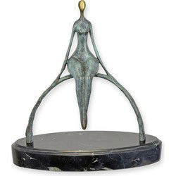A BRONZE SCULPTURE OF A MODERN MAN SITTING ON A BOW