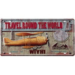 Clayre & Eef Tekstbord  42x1x22 cm Geel Rood Ijzer Vliegtuig Travelround The World Wandbord