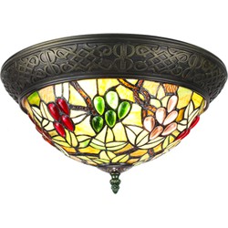 LumiLamp Plafondlamp Tiffany  Ø 38x20 cm  Beige Groen Kunststof Glas Rond Plafonniere