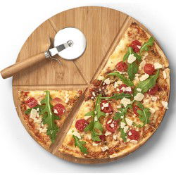 Zeller Pizza snijplank/bord met pizzasnijder - 2x set - 32 cm - hout - Snijplanken