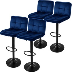 Set van 2 barkrukken 2x blauw fluwelen bekleding met rugleuning en voetensteun in hoogte verstelbaar 63-83cm ML-Design