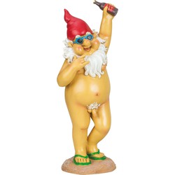 Tuinkabouter beeld Happy Nudist - Polystone - Bloot en bezopen - 31 cm - Tuinbeelden