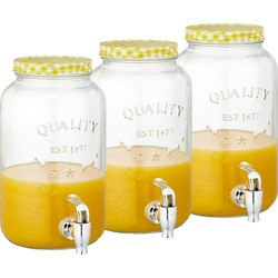 Set van 3x stuks glazen drankdispensers/limonadetap met geel/wit geblokte dop 3,5 liter - Drankdispensers