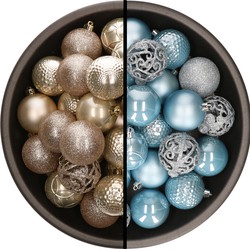 Kunststof kerstballen 74x stuks champagne en lichtblauw 6 cm - Kerstbal