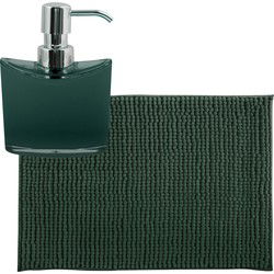 MSV badkamer droogloop mat/tapijtje - 40 x 60 cm - en zelfde kleur zeeppompje 260 ml - donkergroen - Badmatjes