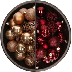 74x stuks kunststof kerstballen mix van donkerrood en camel bruin 6 cm - Kerstbal