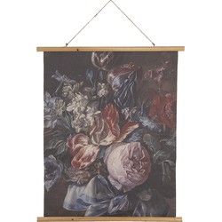 Clayre & Eef Wandkleed  80x100 cm Zwart Roze Hout Textiel Rechthoek Bloemen Wanddoek