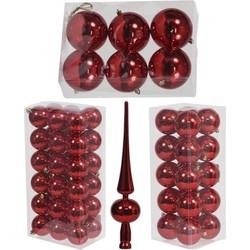 Kerstversiering kunststof kerstballen met piek rood 6-8-10 cm pakket van 63x stuks - Kerstbal