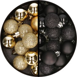 34x stuks kunststof kerstballen goud en zwart 3 cm - Kerstbal