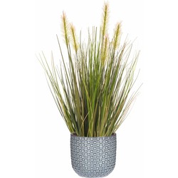 Emerald Kunstplant - groen gras 45 cm - blauw bloempot keramiek - Kunstplanten