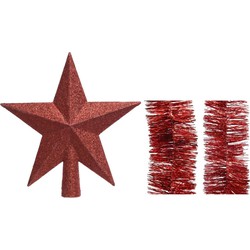 Kerstversiering kunststof glitter ster piek 19 cm en folieslingers pakket rood van 3x stuks - kerstboompieken