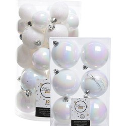 Decoris kerstballen 36x stuks parelmoer wit kunststof 4-5-6-8 cm - Kerstbal