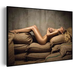 Muurwerken Akoestisch Schilderij - Mooie Blonde Blote Vrouw Industrieel - Geluidsdempend Wandpaneel - Wanddecoratie - Geluidsisolatie - PRO (AW 0.90) XL (120x86)
