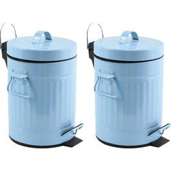 MSV Prullenbak/pedaalemmer - 2x - Industrial - metaal - pastel blauw - 3L - 17 x 26 cm - Badkamer/toilet - Pedaalemmers