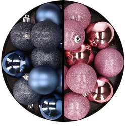 24x stuks kunststof kerstballen mix van donkerblauw en roze 6 cm - Kerstbal