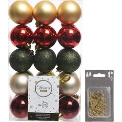 Kerstversiering mix pakket kunststof kerstballen 6 cm goud/groen/rood 30x stuks met haakjes - Kerstbal