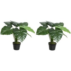 2x Groene taro kunstplanten 52 cm met zwarte pot - Kunstplanten