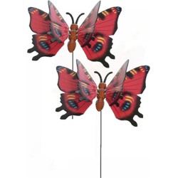 5x stuks rode metalen tuindecoratie vlinder op stok 17 x 60 cm - Tuinbeelden