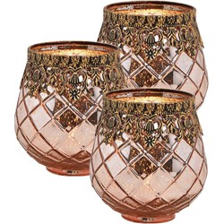 Set van 3x stuks glazen design windlicht/kaarsenhouder rose goud 13 x 14 x 13 cm - Waxinelichtjeshouders