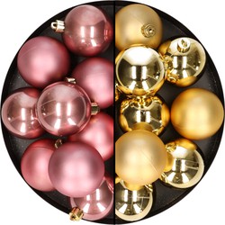 24x stuks kunststof kerstballen mix van goud en oudroze 6 cm - Kerstbal