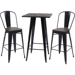 Cosmo Casa  Statafel + 2x Barkruk - Inclusief houten tafelblad - Barkruk bartafel - Metaal industrieel ontwerp - Zwart