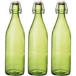 Bormioli rocco waterfles beugeldop - 3x - groen transparant - 1000 ml - Waterflessen