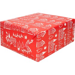3x rollen kerst inpakpapier/cadeaupapier rood met huisjes 200 x 70 cm - Cadeaupapier
