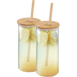 OTIX Drinkglazen - met Bamboo Deksel en Rietje - 2 Stuks - 400 ml - Waterglazen