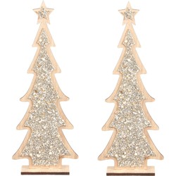 2x stuks kerstdecoratie houten kerstboom glitter zilver 35,5 cm decoratie kerstbomen - Kunstkerstboom