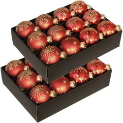 24x Glazen gedecoreerde kerstballen rood 7,5 cm - Kerstbal