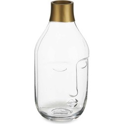 Giftdecor Bloemenvaas Crystal Face - luxe deco glas - helder transparant - D11 x H24 cm - gouden top - Vazen