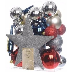 Decoris kerstballen - 34-dlg - zilver/rood/blauw - kunststof - Kerstbal