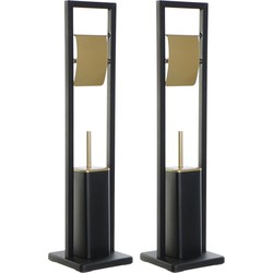 2x stuks toiletborstels met toiletrolhouder zwart/goud metaal 80 cm - Toiletborstels