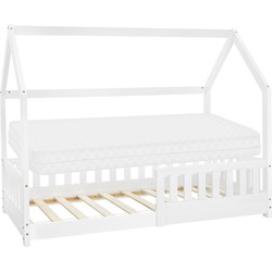 Kinderbed met uitvalbeveiliging lattenbodem en dak 80x160 cm Wit grenen hout ML-Design