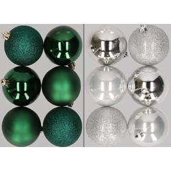 12x stuks kunststof kerstballen mix van donkergroen en zilver 8 cm - Kerstbal