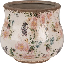 Clayre & Eef Bloempot  Ø 16x14 cm Beige Roze Keramiek Bloemen Bloempot Binnen